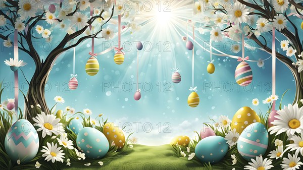 Surreal Easter scene with floating eggs, ribbons, and flowers in a dreamlike, whimsical composition of light and shadow, AI generated