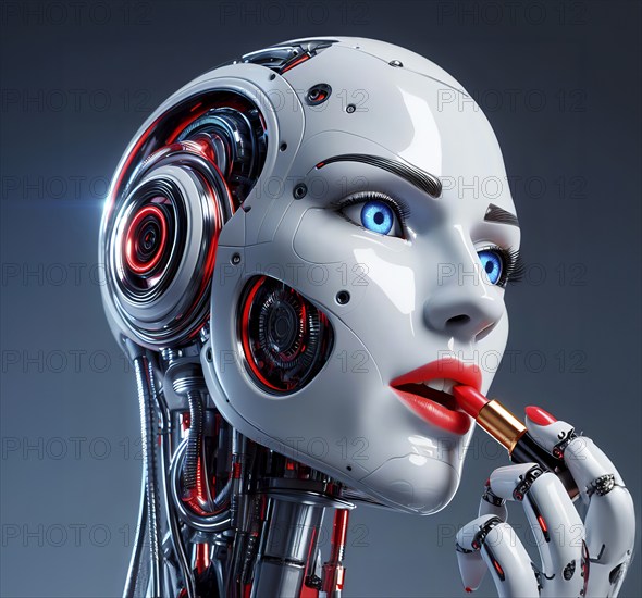 A humanoid robot applies lipstick, symbolic image aesthetics of technology, beauty, cosmetics, AI generated, AI generated