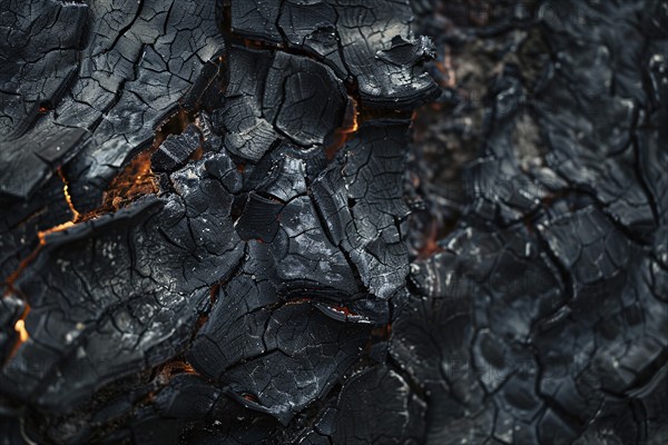 Close up of burning charred tree bark. KI generiert, generiert, AI generated