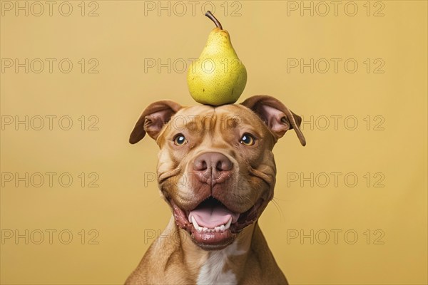 Funny dog with pear fruit on head in front of studio background. KI generiert, generiert, AI generated