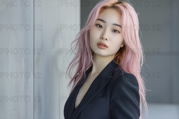 Young Asian woman with black business suit with pastel pink dyed hair. KI generiert, generiert, AI generated