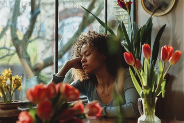 A young woman sits tired and sleepy at a table next to a vase of red flowers in front of a window, a symbolic image for springtime tiredness, AI generated, AI generated, AI generated