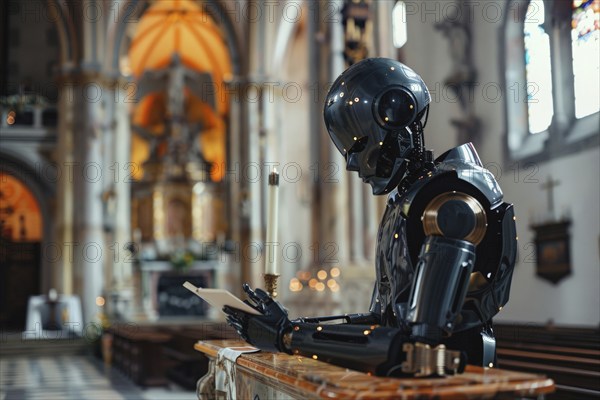 Humanoid reading next to an altar in a church, vision of the future, science fiction, AI generated, AI generated, AI generated