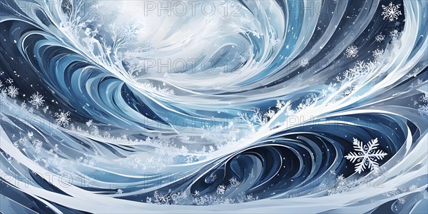 Abstract illustration of dreamy, icy landscape with swirling blues, whites, and silvers, evoking the feeling of a cold winter's breeze, AI generated