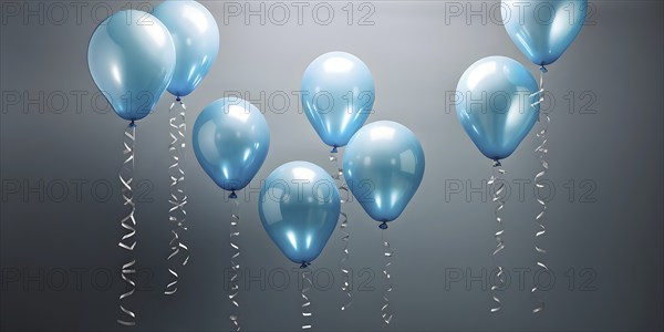 AI generated cluster of blue helium balloons floating against a grey background