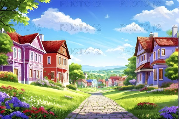 AI generated illustration of colorful countryside houses nestled in a spring or summer scenery with blooming flowers