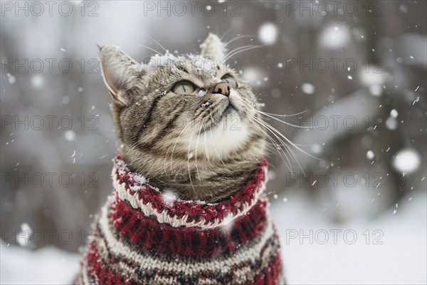 Cute cat in warm knitted sweater in winter snow landscape. Generative Ai, AI generated