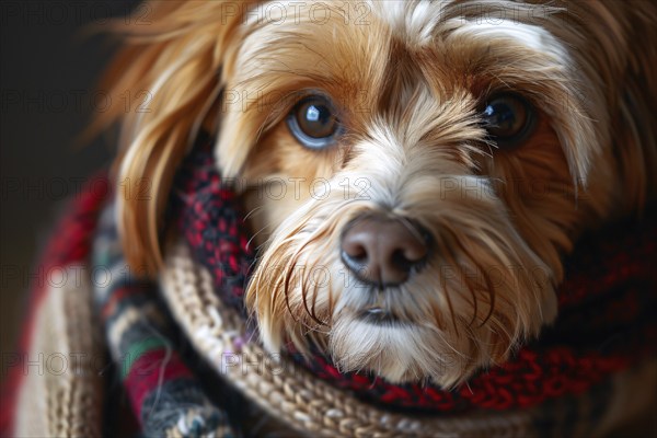 Close up of dog wrapped in warm knitted winter scarf. Generative AI, AI generated