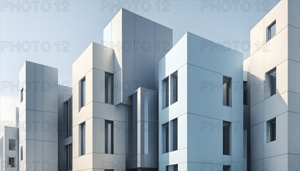 Minimalist architectural composition of modern buildings, with clean angles, rendered in geometric forms and soft hues of grey, cream, and light blue, AI generated