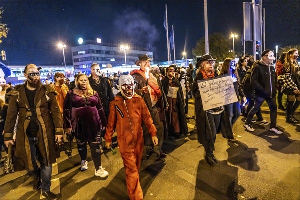 The Zombiewalk in Essen, on Halloween several hundred people, some dressed as scary zombies, undead, walked from the main railway station to the district of Rüttenscheid, North Rhine-Westphalia, Germany, Europe