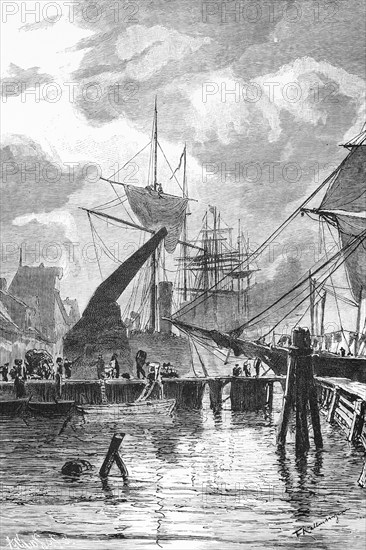 Harbour of Rostock, Baltic Sea, Mecklenburg-Western Pomerania, Germany, sailing ships, masts, crane, dolphins, workers, wagon, historical illustration 1880, Europe