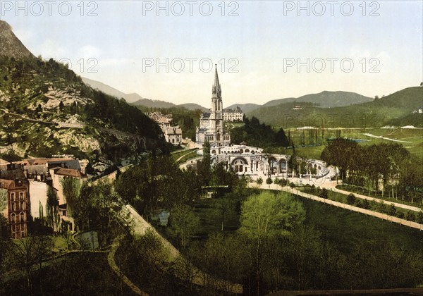 The Basilica of the Assumption is a Roman Catholic church and minor basilica in the French Marian pilgrimage town of Lourdes. It is part of the sacred precinct where the Virgin Mary allegedly appeared to Bernadette Soubirous in 1858, France, ca 1890, Historical, digitally restored reproduction from a 19th century original, Record date not stated, Europe