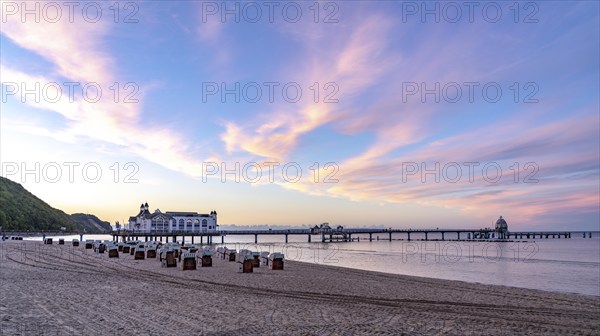 The pier of Sellin, evening mood, sunset, 394 metres long, with restaurant, jetty, beach chairs, island of Rügen, Mecklenburg-Western Pomerania, Germany, Europe