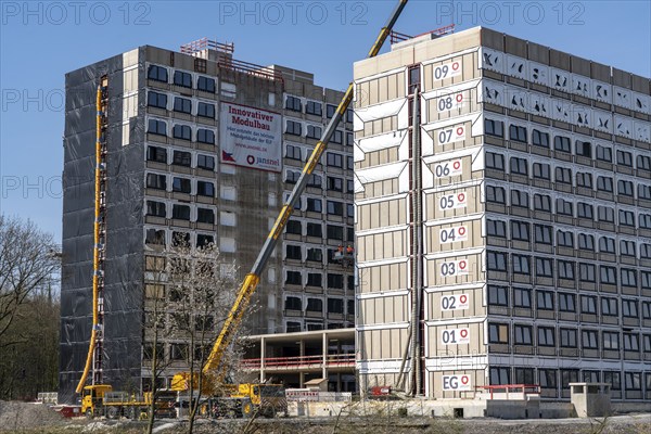 Construction site of the Community Campus, 737 student flats, each 20 square metres in size, fully furnished, in modular construction, using prefabricated room modules, by the Dutch modular building contractor Jan Snel, largest modular building in Europe, Bochum North Rhine-Westphalia, Germany, Europe