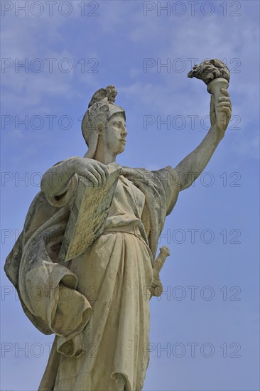 Sculpture Statue of Liberty at the Fontaine de la Fédération built in 1890, allegory, Republic, French, arm, high, up, gesture, torch, book, plaque, carry, hold, freestanding, Liberty Square, Federation, Place de la liberte, Toulon, Var, Provence, France, Europe