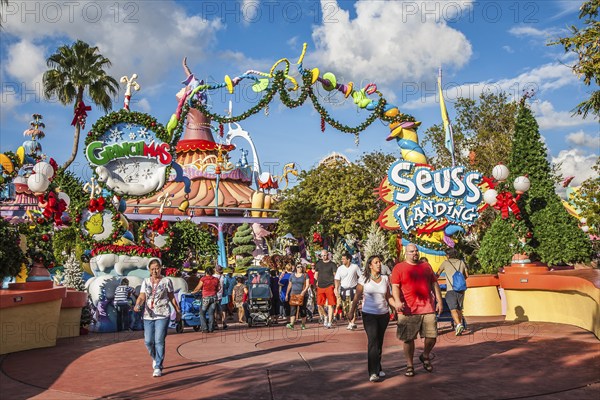 Park guests at entrance to Seuss Landing at Universal Studios Islands of Adventure in Orlando, Florida, USA, North America