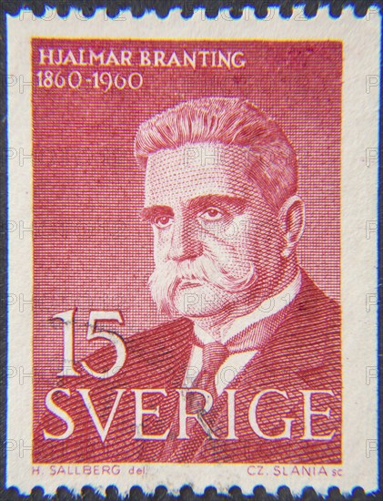 Hjalmar Branting, 1860, 1925, a Swedish politician who was the leader of the Swedish Social Democratic Party (SAP) and Prime Minister of Sweden1920, 1925, Portrait on a Swedish stamp