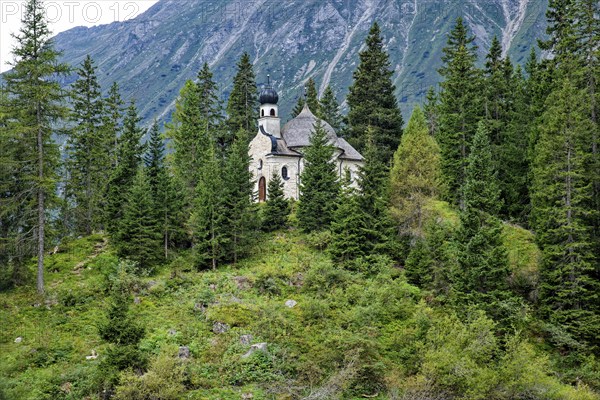 Lake chapel Maria am See, Obernberger See, mountain lake, landscape of the Stubai Alps, weather mood, Obernberg am Brenner, Tyrol, Austria, Europe