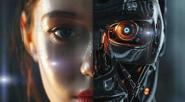 A woman's face is split in half, with one half being a robot. The image is a representation of the idea of technology and its impact on humanity. Scene is somewhat ominous, AI generated