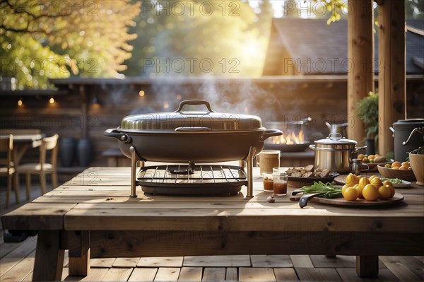 A large pan sits on a wooden table with a variety of food and drinks. The pan is surrounded by chairs and a dining table. Scene is relaxed and inviting, AI generated