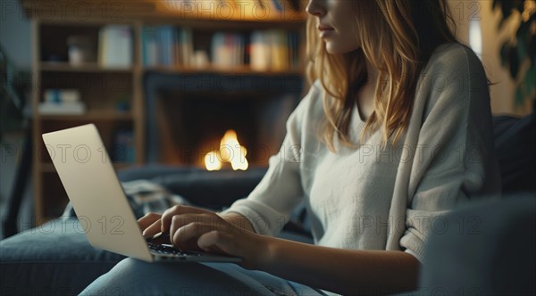 A woman at home with a laptop or tablet browsing internet, paying bills and shopping online, AI generated