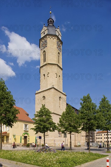 Jena is a university town and independent city in Thuringia in the metropolitan region of Central Germany. After the state capital Erfurt, it is the second largest city in Thuringia and one of the three regional centres of the state. St. Michael's Protestant Church in the city centre, Jena, Thuringia, Germany, Europe