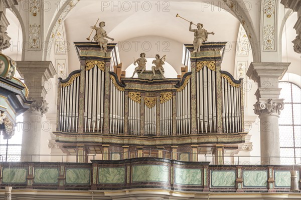 Interior with church organ of the Catholic Church of St Maximilian, Maxkirche, state capital Düsseldorf, North Rhine-Westphalia, Germany, Europe