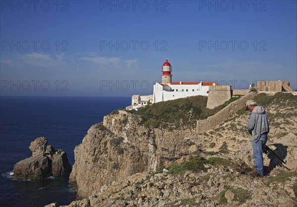 The lighthouse directly on the Cabo de Sao Vicente in the Algarve at the most south-westerly point of mainland Europe, Portugal, Europe