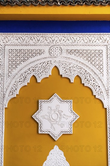 Moorish decor, ornament, Arabic, oriental, sign, symbol, star, shape, Majorelle Garden, wall, clay plaster, Moorish, Islam, art, architecture, detail, Majorelle Garden, Marrakech, Morocco, Africa