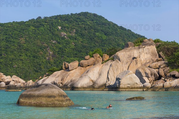 Bathing bay with turquoise water and granite rocks on the holiday island Nang Yuan Island, island, tropical, tropics, holiday paradise, landscape, bathing holiday, bathing beach, dream holiday, exotic, coastal landscape, Asian, natural landscape, rock, natural paradise, beautiful, natural, paradise, seascape, summer, beautiful weather, climate, nature, coastline, ocean, sea, water, turquoise, beach holiday, panorama, snorkelling, paradisiacal, overview, beach, bay, Koh Tao, Thailand, Asia