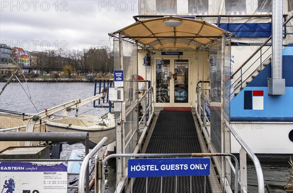 Detailed photo of a former hostel ship on the Spree at the Oberbaum Bridge, Berlin, Germany, Europe