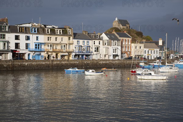 View of boats in the harbour in sunshine of winter afternoon, Ilfracombe, north Devon, England, United Kingdom, Europe