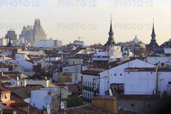 Rooftops of buildings from La Latina barrio, Madrid city centre, Spain, Europe