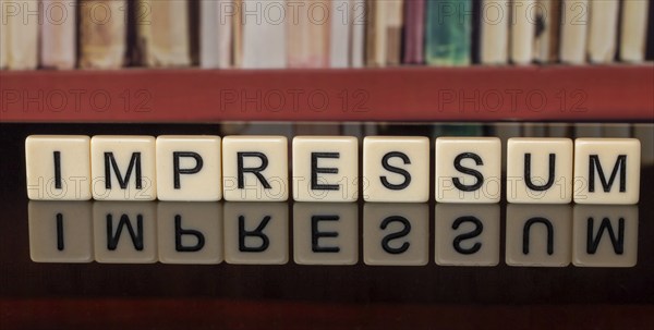 The word in the IMPRINT written with letter cubes in front of a bookshelf