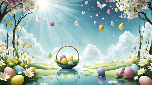 Surreal Easter scene with floating eggs, ribbons, and flowers in a dreamlike, whimsical composition of light and shadow, AI generated