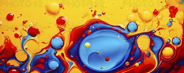 Abstract image with vibrant blue and red blobs and liquid shapes on a yellow background, AI generated