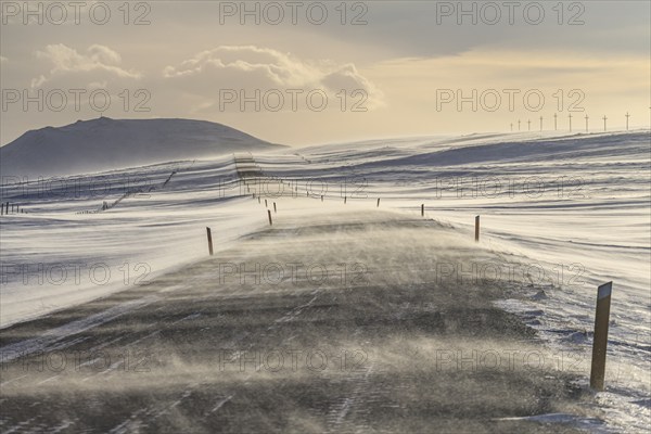 Lonely and dangerous road in a snowstorm, windy, sunny, backlight, Myvatn, Iceland, Europe