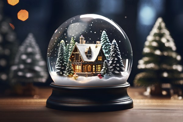 Winter Wonderland in Glass Ball Snow Globe on table and blurred bokeh background, AI generated