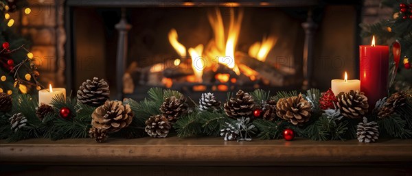 A cozy fireplace mantle decorated with pine cones, garlands, and lit candles, with a close-up focus on a burning candle flame, AI generated