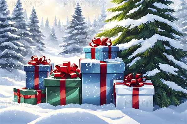 Abstract illustration of wrapped Christmas gifts, shiny ribbons and bows, stacked under a snow-dusted evergreen tree in a snowy outdoor setting, AI generated