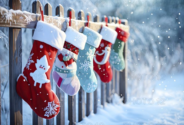 Row of Christmas stockings hanging from a snow-covered wooden fence, with delicate frost patterns forming on the colorful fabric, AI generated