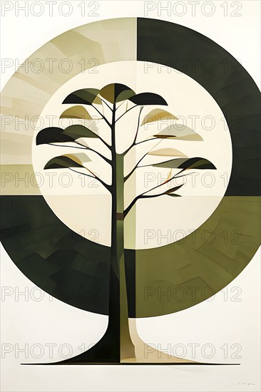 Abstract geometric tree with a circular canopy and a rectangular trunk, arranged in a clean, balanced design with a limited color palette of olive green, deep brown, and ivory, AI generated