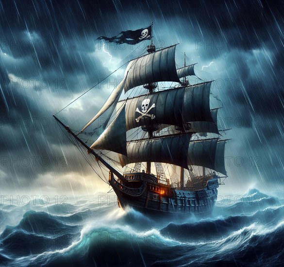 A privateer pirate ship with a pirate flag sails across the ocean in storms, rain and high waves, AI generated, AI generated