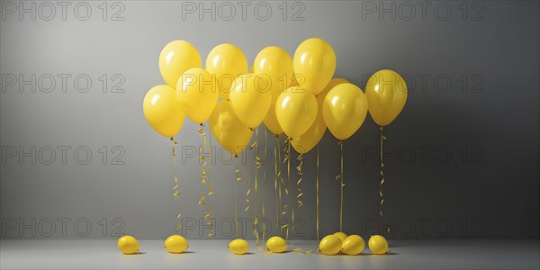 AI generated cluster of yellow helium balloons floating against a grey background