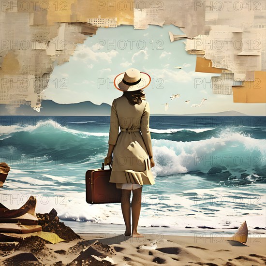 Vintage collage of a tourist with suitcase on a beach symbolizing vacation, AI generated