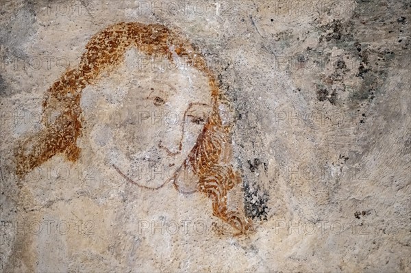 Portrait of a woman, early Gothic mural painting in the ribbed vault, chancel of the Romanesque St Michael's Church, Michaelsberg, Cleebronn, Baden-Württemberg, Germany, Europe