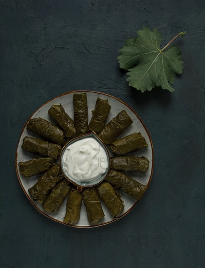 Dolma, cabbage rolls in grape leaves, Traditional Armenian dish, with white sauce, top view, close-up, selective focus