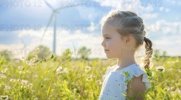 A girl stands in a field of flowers next to a wind farm that produces green sustainable energy, AI generated