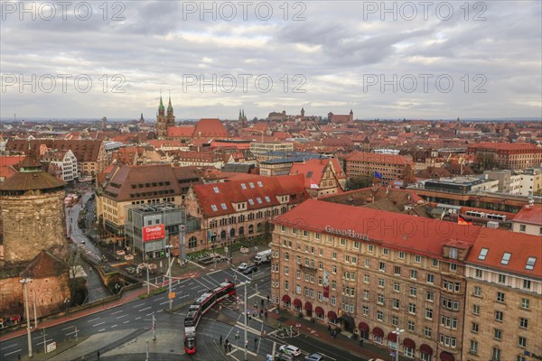 Bird's eye view of Bahnhofsplatz with Grand Hotel Le Meridien, Königstor, Königstraße, Old Town with churches St. Lorenz and St. Sebald and Nuremberg Castle, Nuremberg, Middle Franconia, Franconia, Bavaria, Germany, Europe