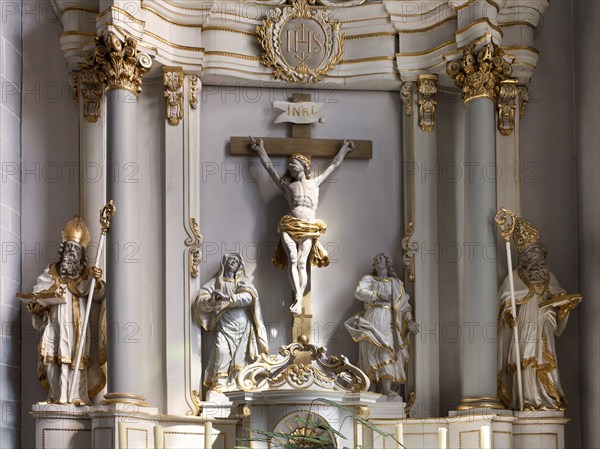 The side altar of the Catholic parish church of St. Johannes Baptist, showing statuesof the saints Liborius and Nikolaus, Borgentreich, Höxter district, North Rhine-Westphalia, Germany, Europe